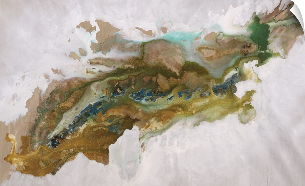Abstract painting of an aerial view over a deep, rocky canyon that run diagonally through the image.