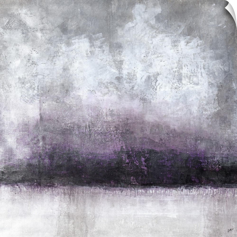 A moody abstract landscape in shades of gray and purple.