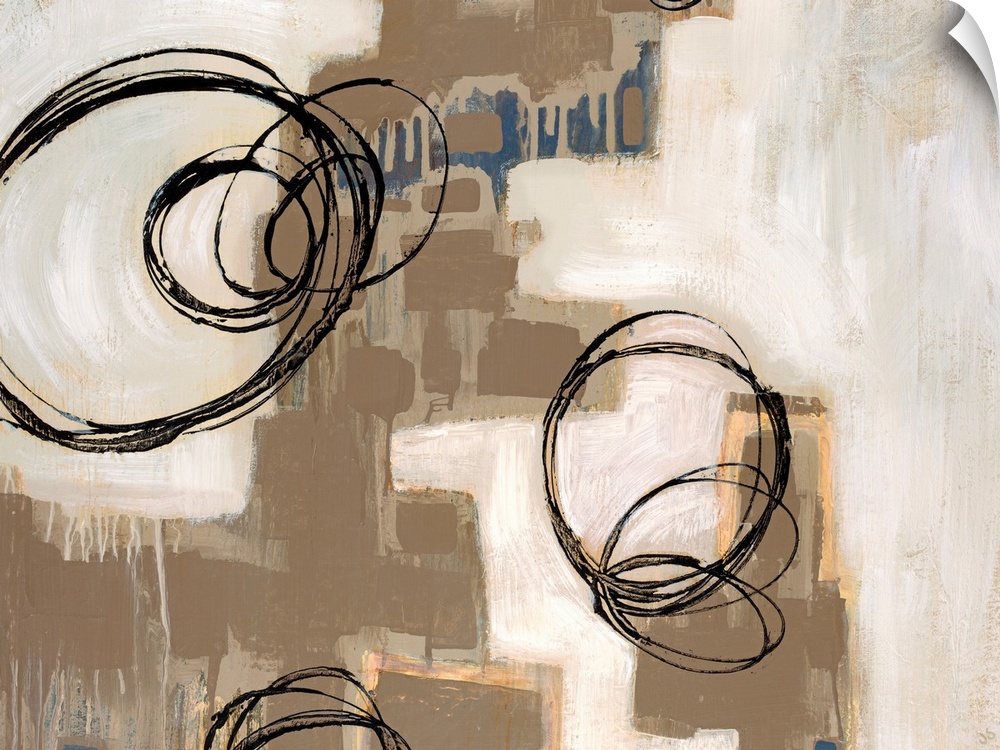 Abstract home art docor contrasting circular and rectangular shapes with a rough texture and scattered background.