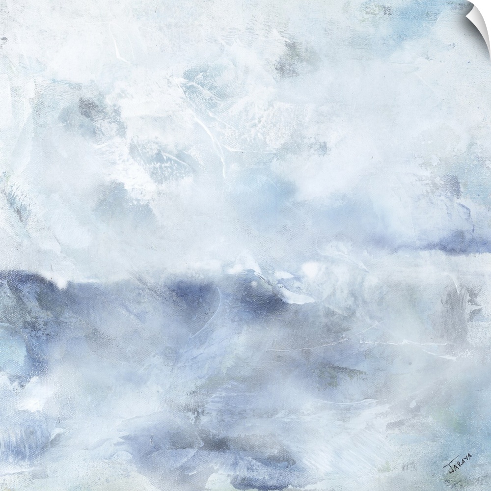 Square abstract painting in shades of blue, gray, and white with a foggy feel.