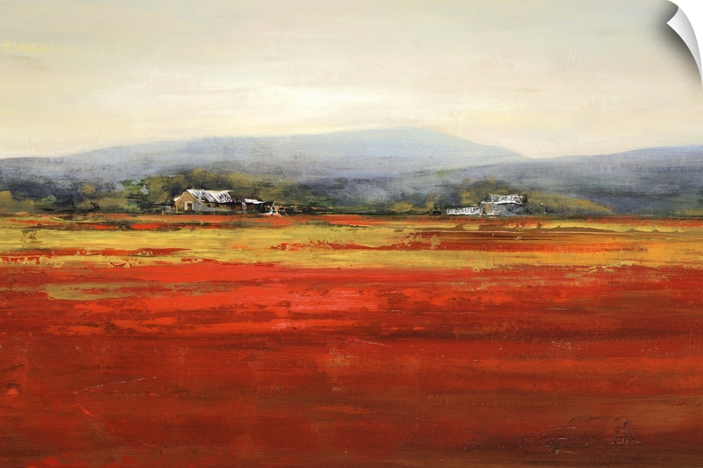 Contemporary artwork of a farm landscape with a red field.