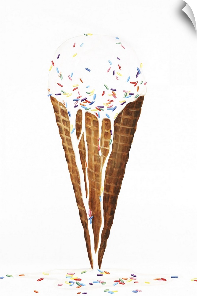 Contemporary painting of vanilla ice cream with sprinkles, melting over a waffle cone and onto the bottom of the canvas.