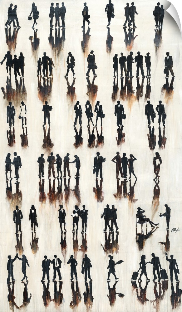 Contemporary painting of rows of silhouetted figures in different positions.