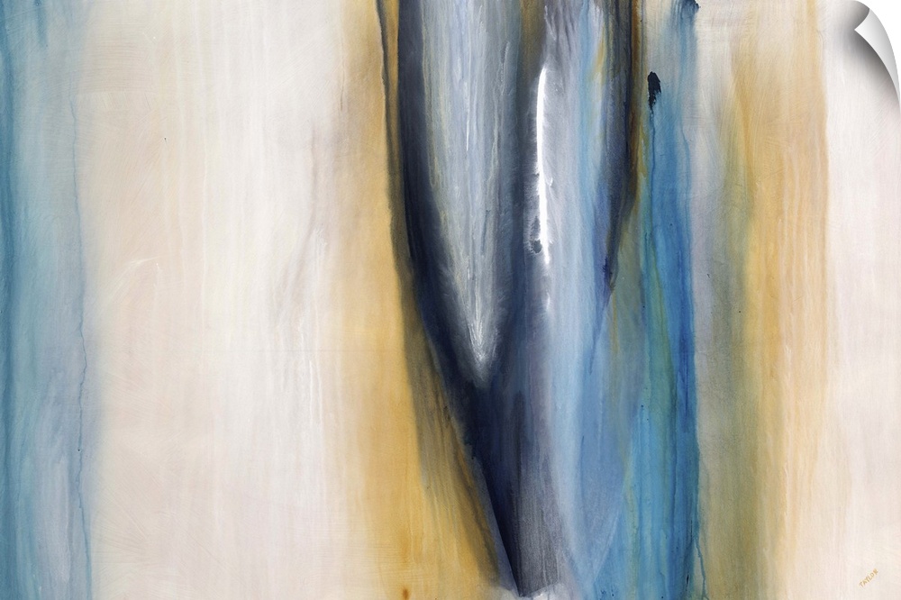 Abstract painting of thick vertical streaks of watercolor in various tones, on a light, neutral background.