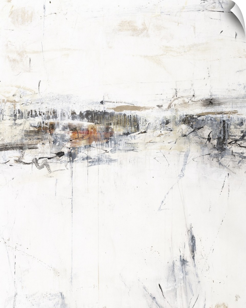 Contemporary abstract painting with long, thin lines and grey and brown tones, calling to mind a feeling of searching.