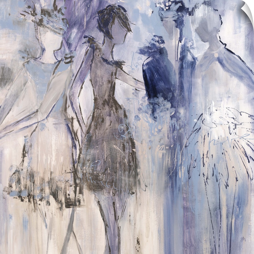 Contemporary artwork of several female figures in dresses in shades of blue and purple.
