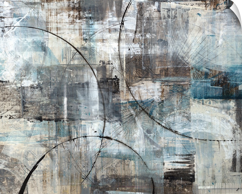 Contemporary abstract painting with blocks of dark blue, brown, white and gray hues. Thin, black circular shapes overlappi...