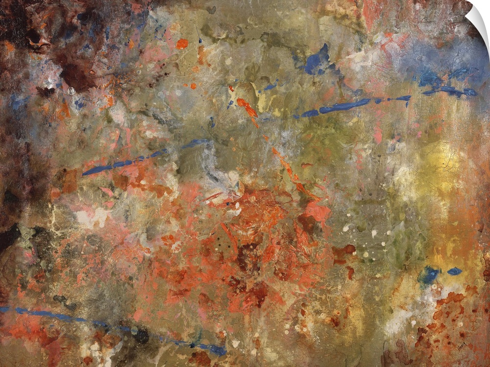 Abstract painting of melding colors in metallic and earth tones that resemble a distant aerial view of a landscape.