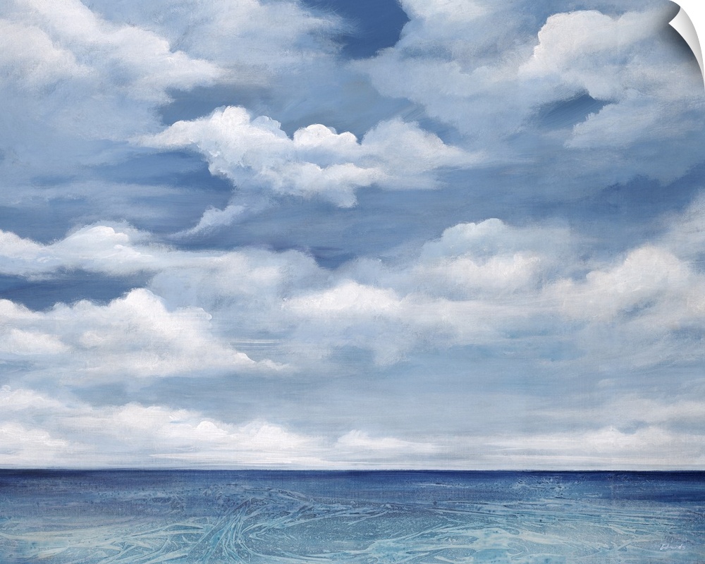 Contemporary artwork of a serene ocean view with bright clouds above.