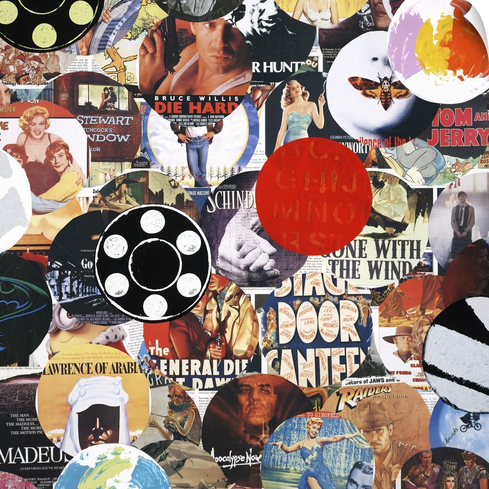 A square collage of circular images of movies and actors.