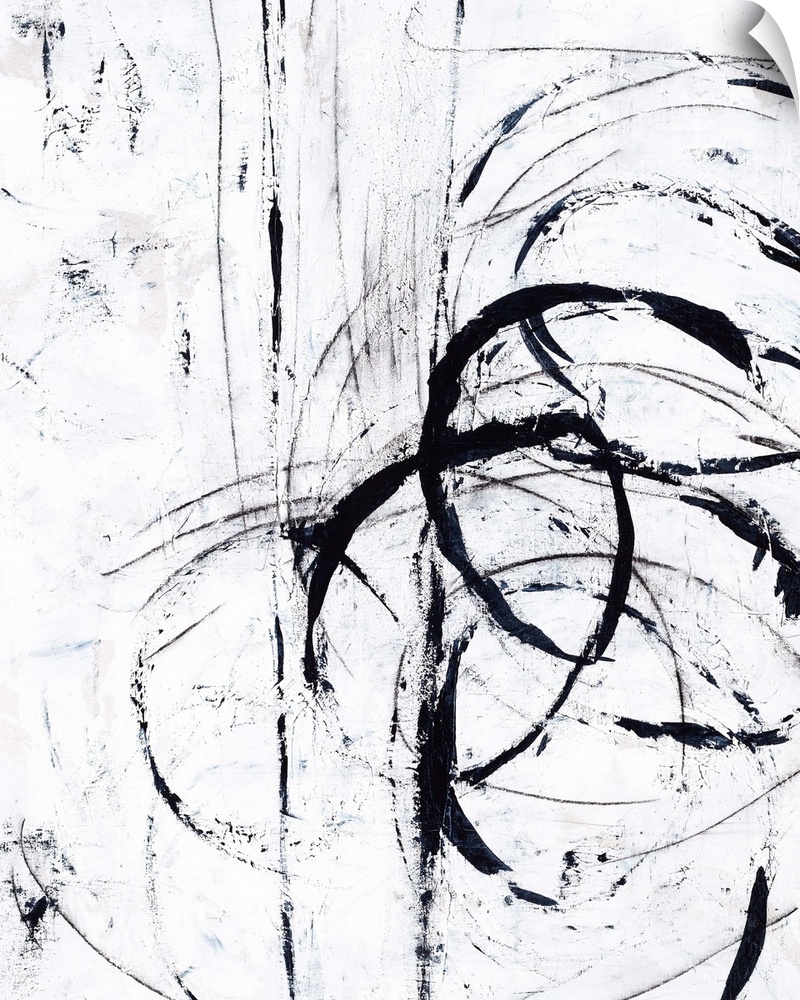 Contemporary abstract painting using bold black lines against a white surface.
