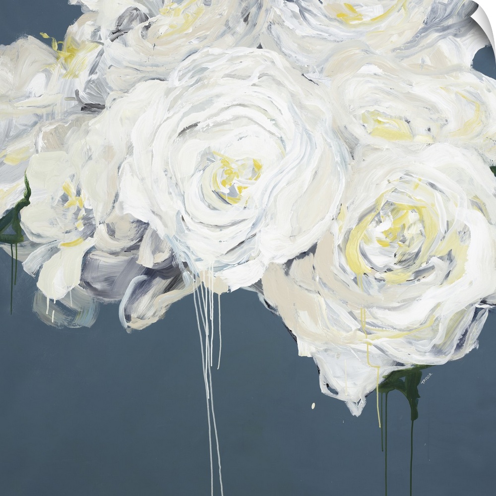 Square contemporary painting of a bouquet of white peonies.