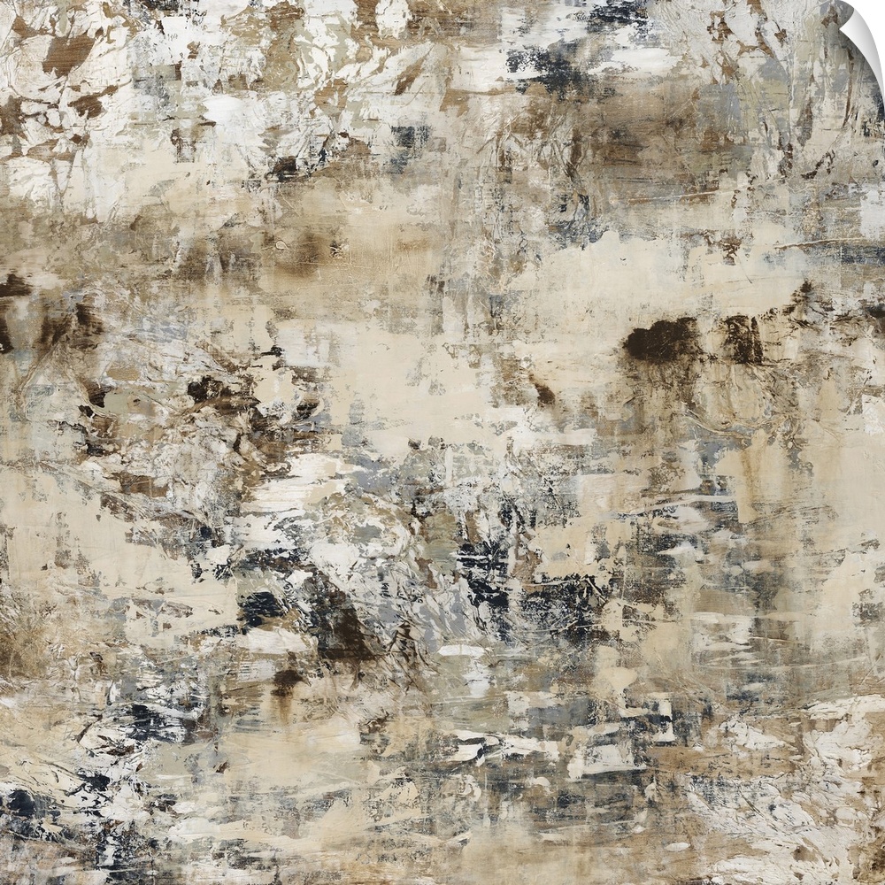 Square, large wall painting in layered neutral tones of small patches and rough, short brushstrokes.