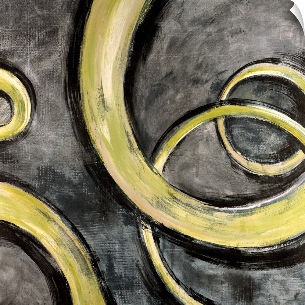 Square contemporary painting of yellow swirls moving along a textured gray background, evoking a feeling of movement and e...