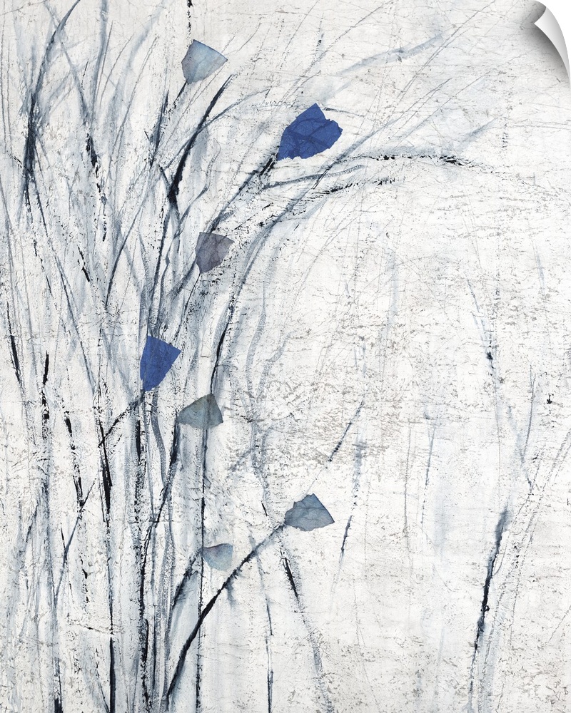 Contemporary painting of flowers with long, wispy leaves in shades of blue and gray.