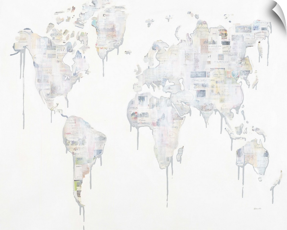 Contemporary painting of a world map with wine labels.