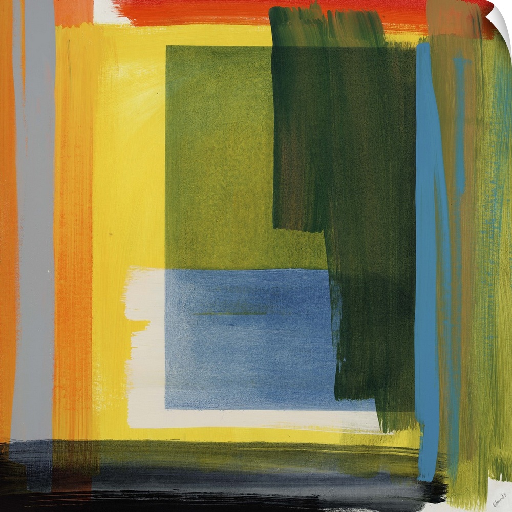 Abstract painting of overlapping and intersecting rectangular blocks of vibrant color and thick heavy brushstrokes.