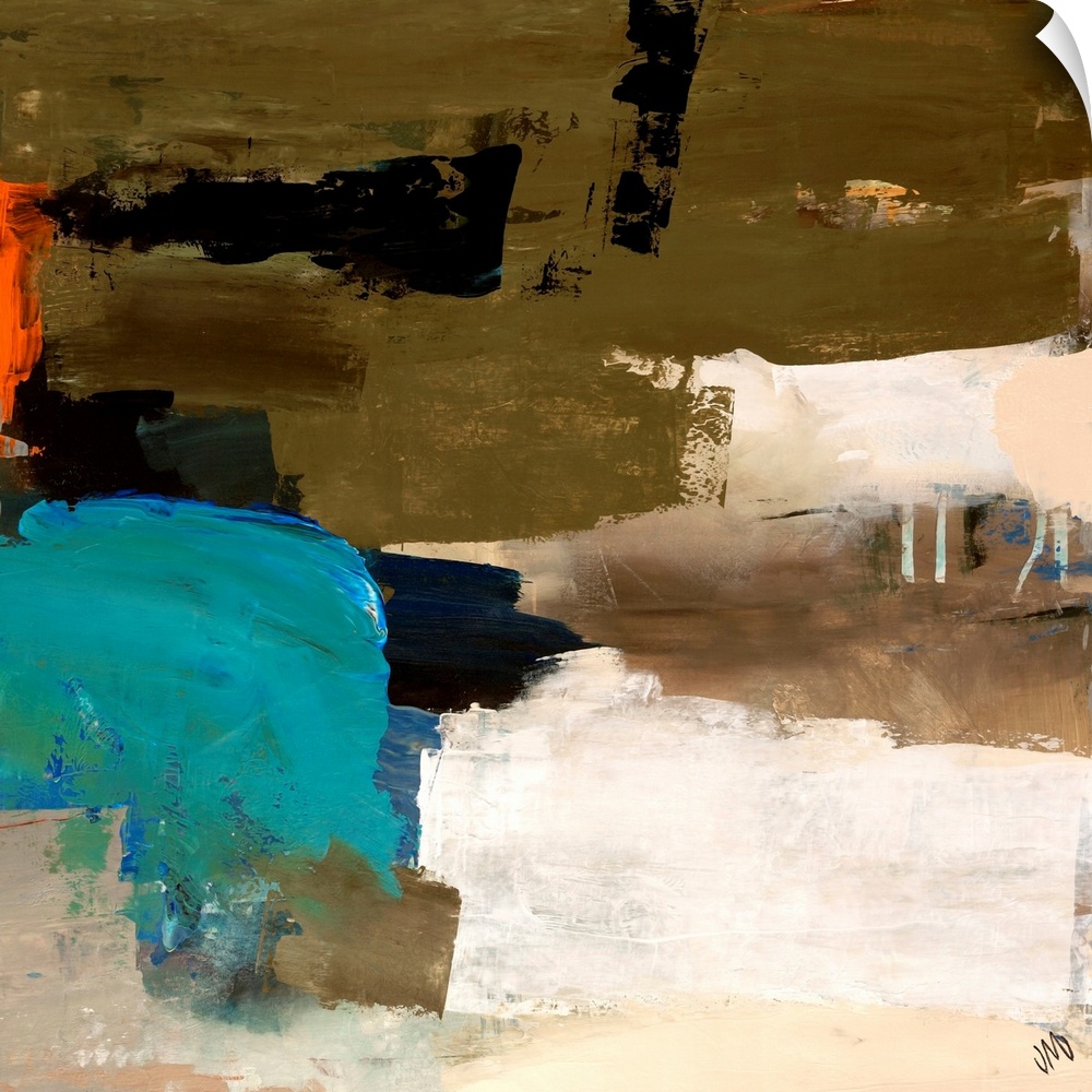 Abstract painting that depicts sheep in a pasture.