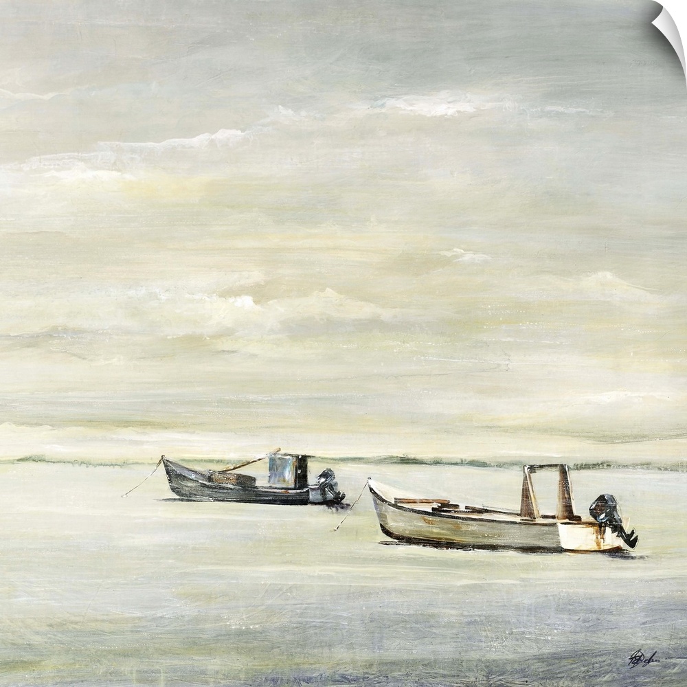 Painting of two small fishing boats sitting in calm water beneath a cloudy grey sky.