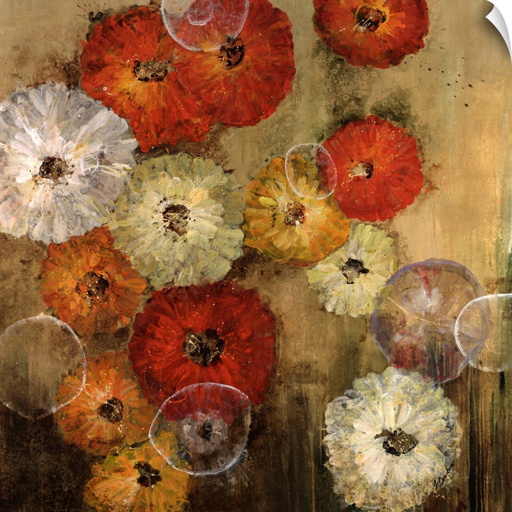 Contemporary painting of floral collage, with flowers of different sizes and color.