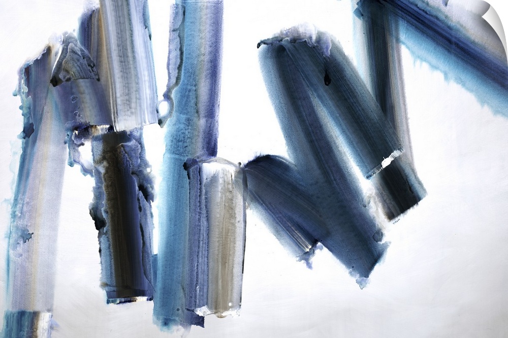 Abstract painting of bold, large brush strokes of blue, in zigzag shapes.
