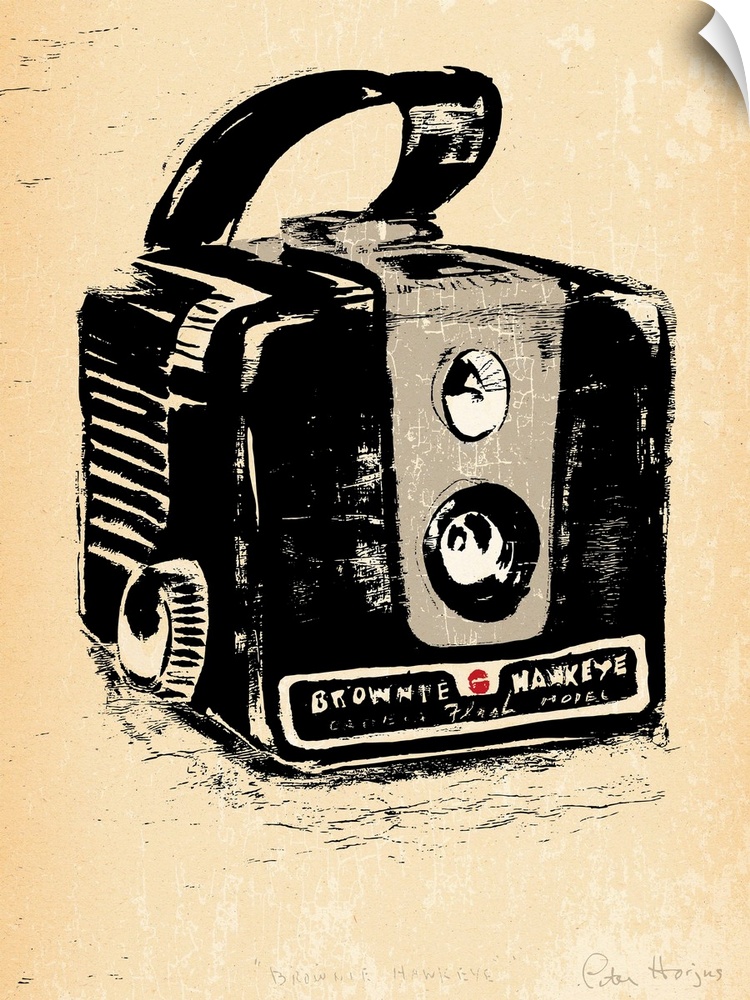1940's vintage style wall art of a kodak brownie camera illustrated in black ink wash on distressed sepia paper.