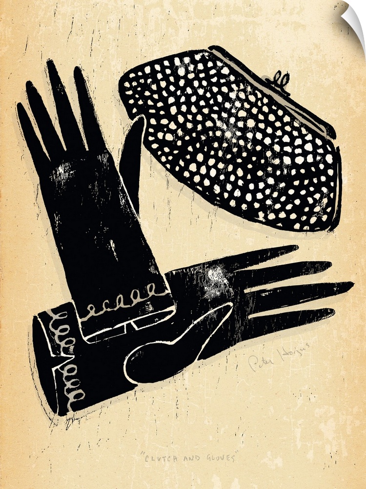 1940's vintage style wall art of a clutch purse and gloves illustrated in black ink wash on distressed sepia paper.