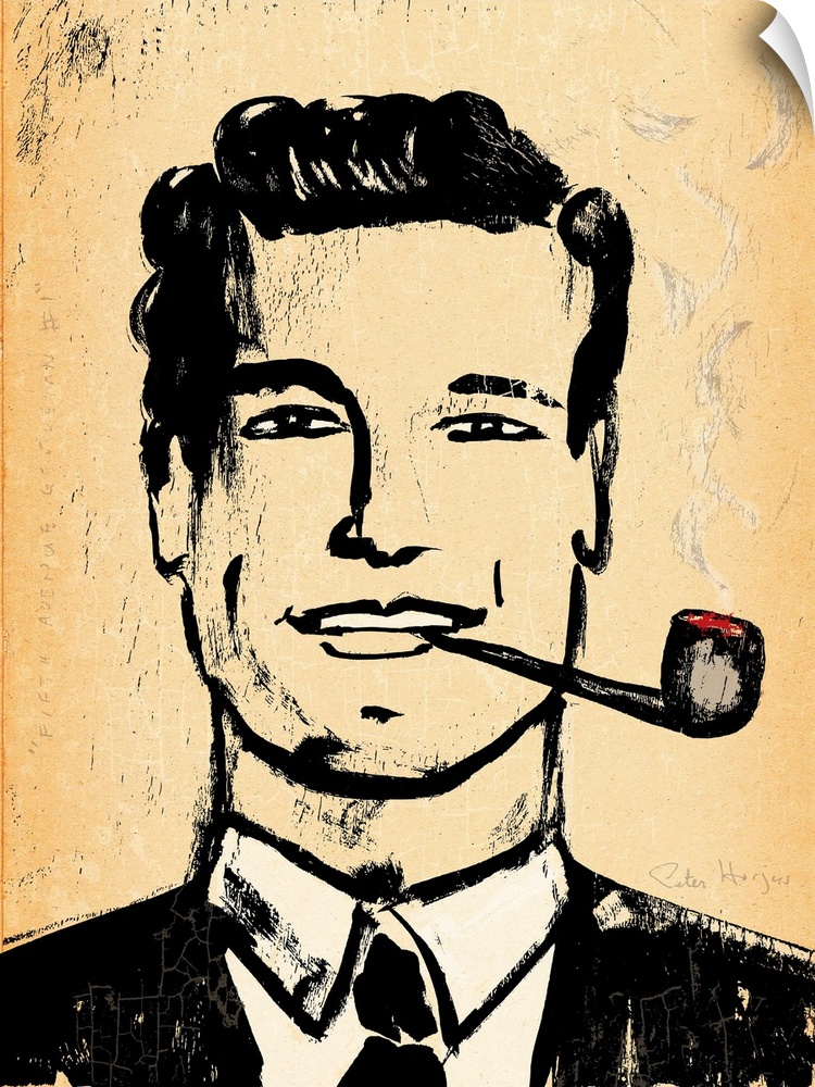 1940's vintage wall art black ink brush illustration on sepia background of a dapper man smoking a pipe.