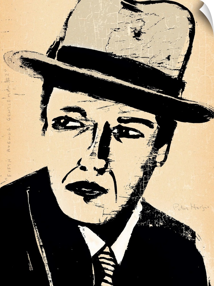 1940's vintage wall art black ink brush illustration on sepia background of a dapper gangster man wearing a bowler hat.