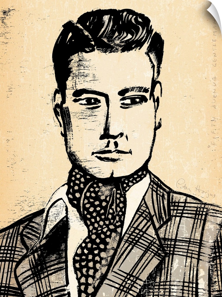 1940's vintage wall art black ink brush illustration on sepia background of a dapper man with fashion coat and ascot.