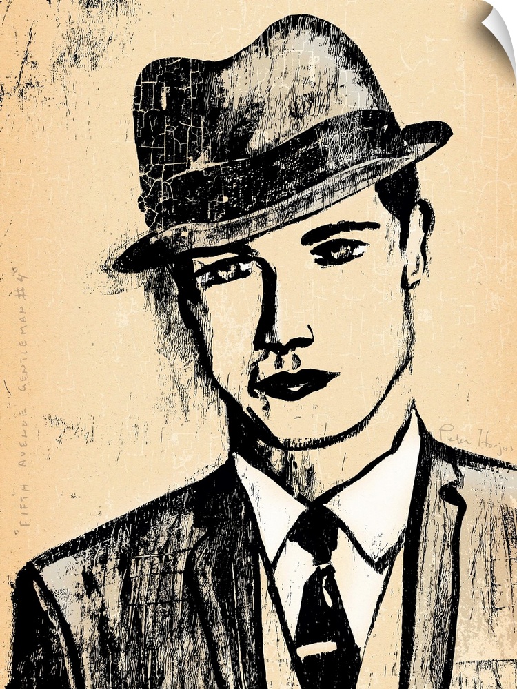 1940's vintage wall art black ink brush illustration on sepia background of a dapper gangster man wearing a fedora hat.