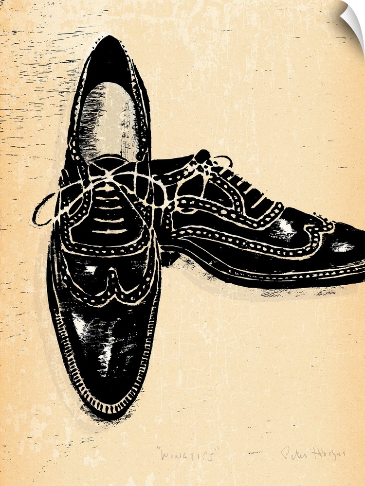 1940's vintage style wall art of a pair of wingtip shoes illustrated in black ink wash on distressed sepia paper.