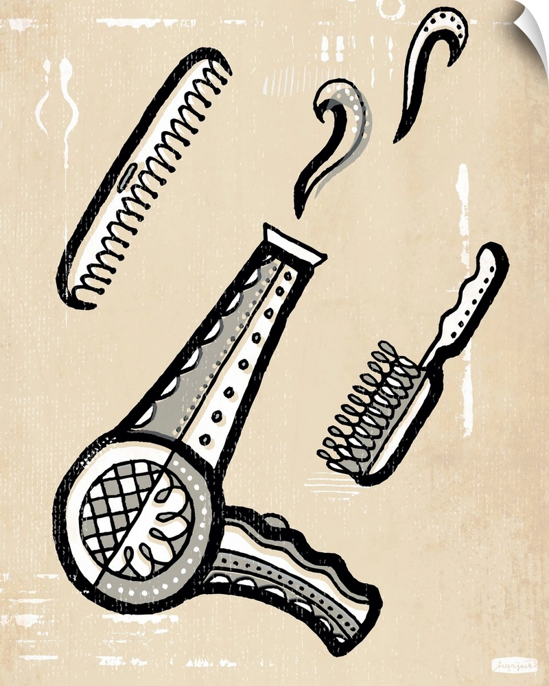 1960's vintage style wall art of a hair dryer and hair brush illustrated in black pen and ink line on distressed sepia paper.