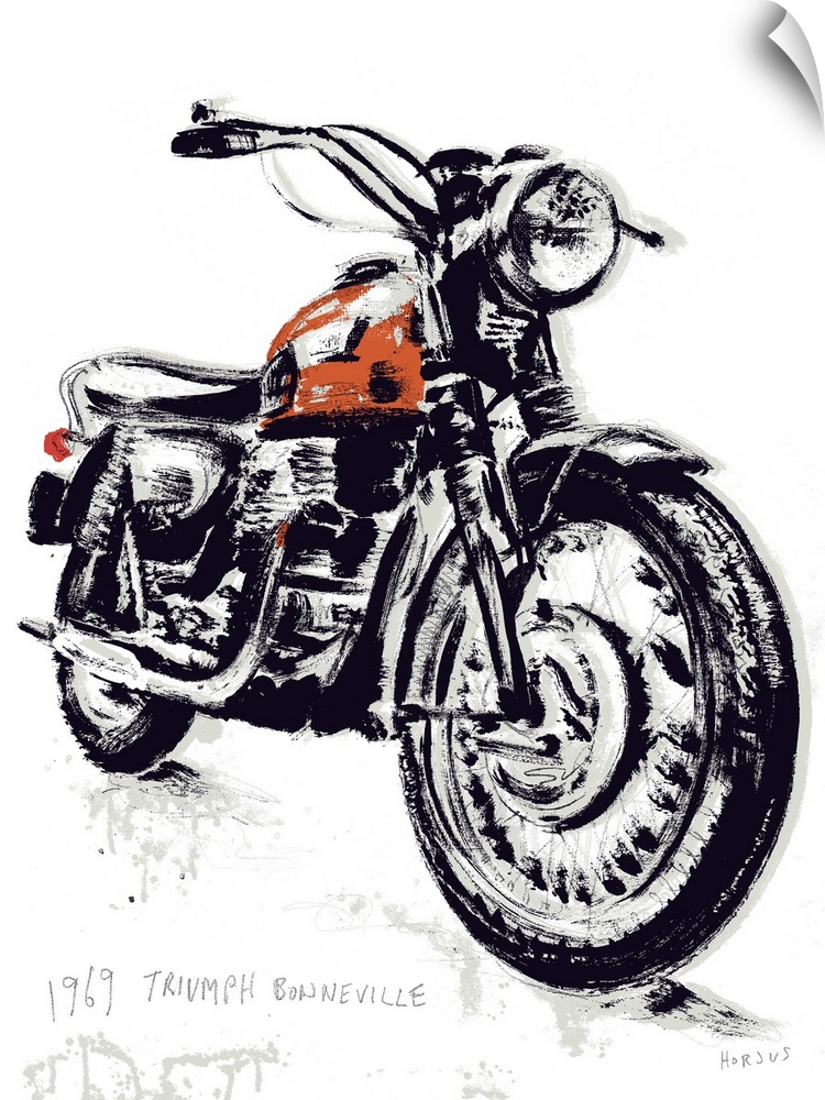 Ink brush artwork illustration of a vintage classic motorcycle.