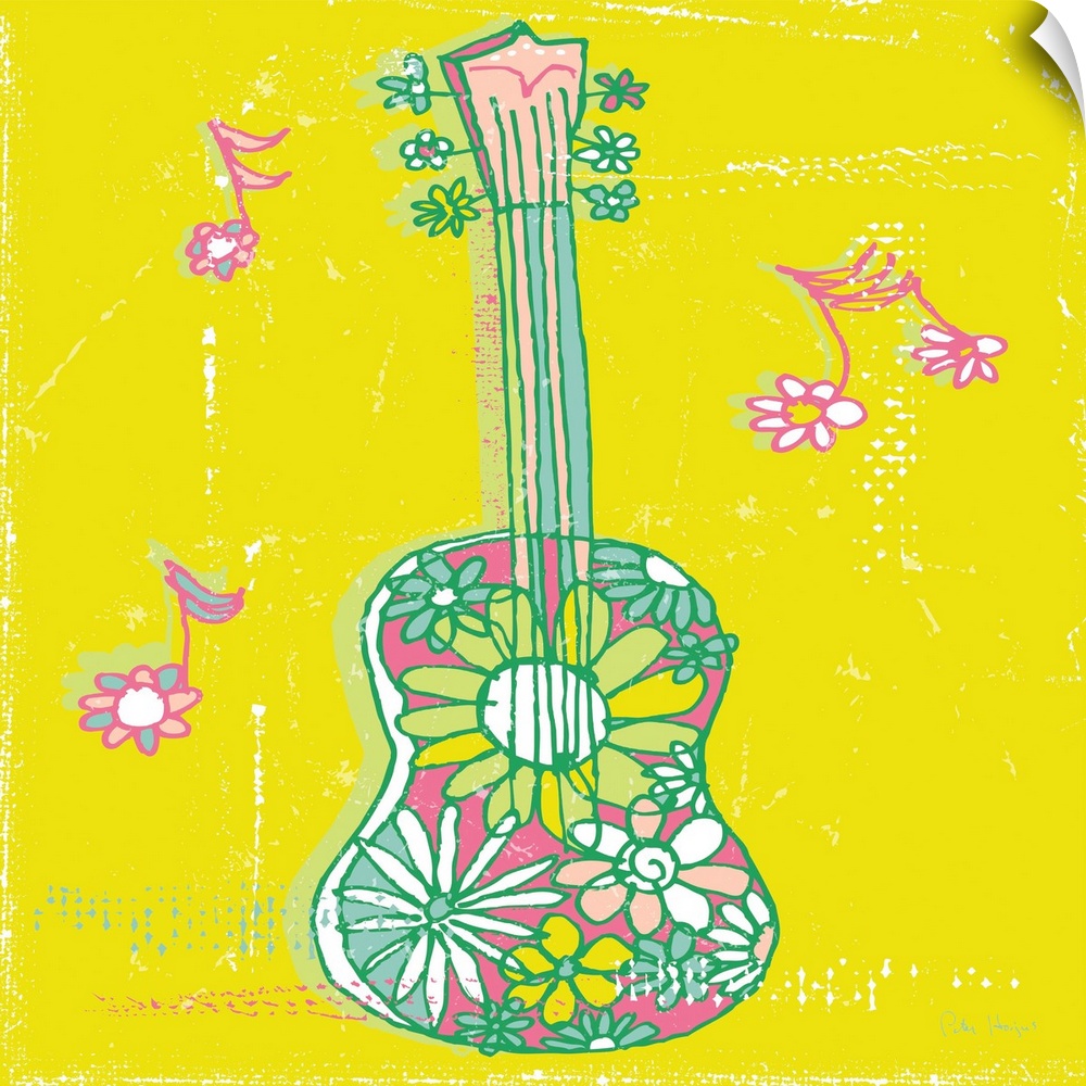1970's retro style wall art of a music guitar with daisy flower pattern illustrated in pen and ink line.