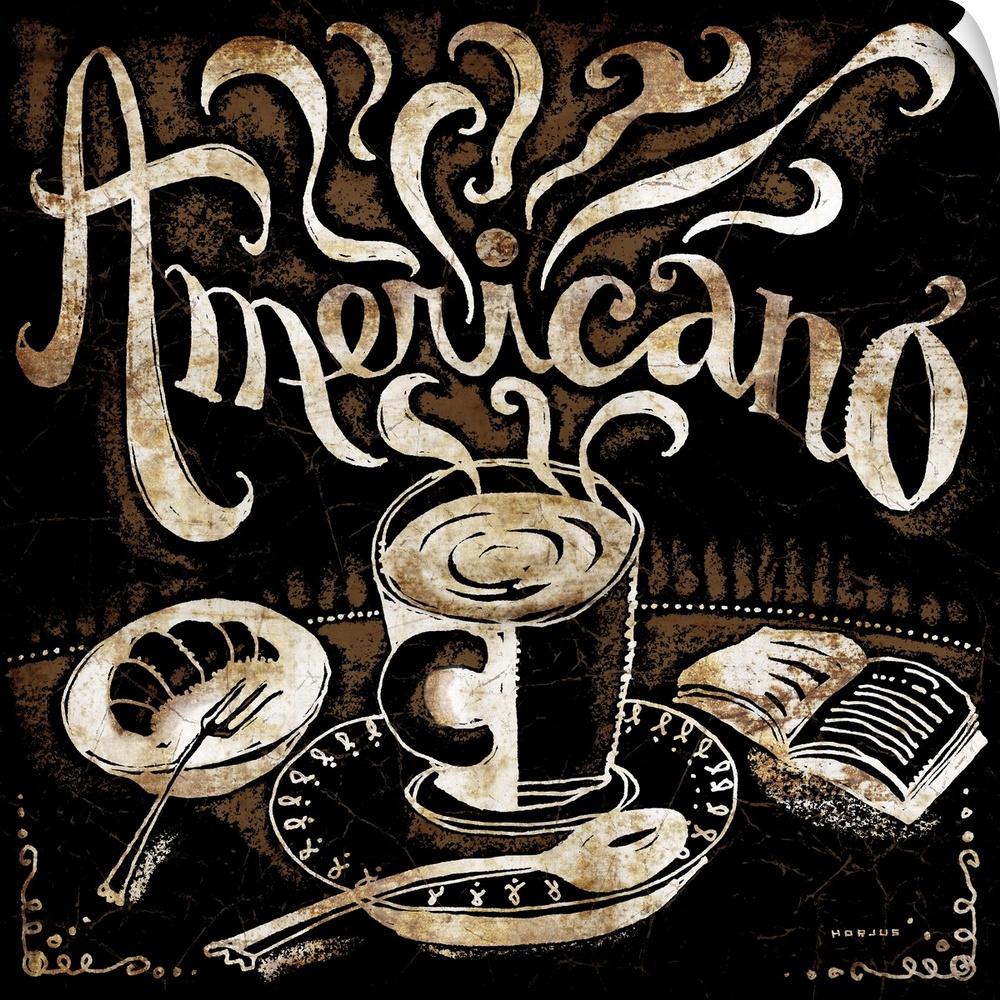 An americano coffee cup with a buttery croissant on the side, along with an open book and the word Americano illustrated i...