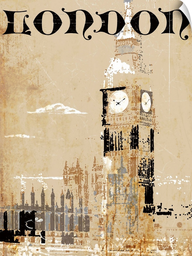 Big Ben in London during the day with the hustle and bustle of the city depicted in the rust background with the typograph...