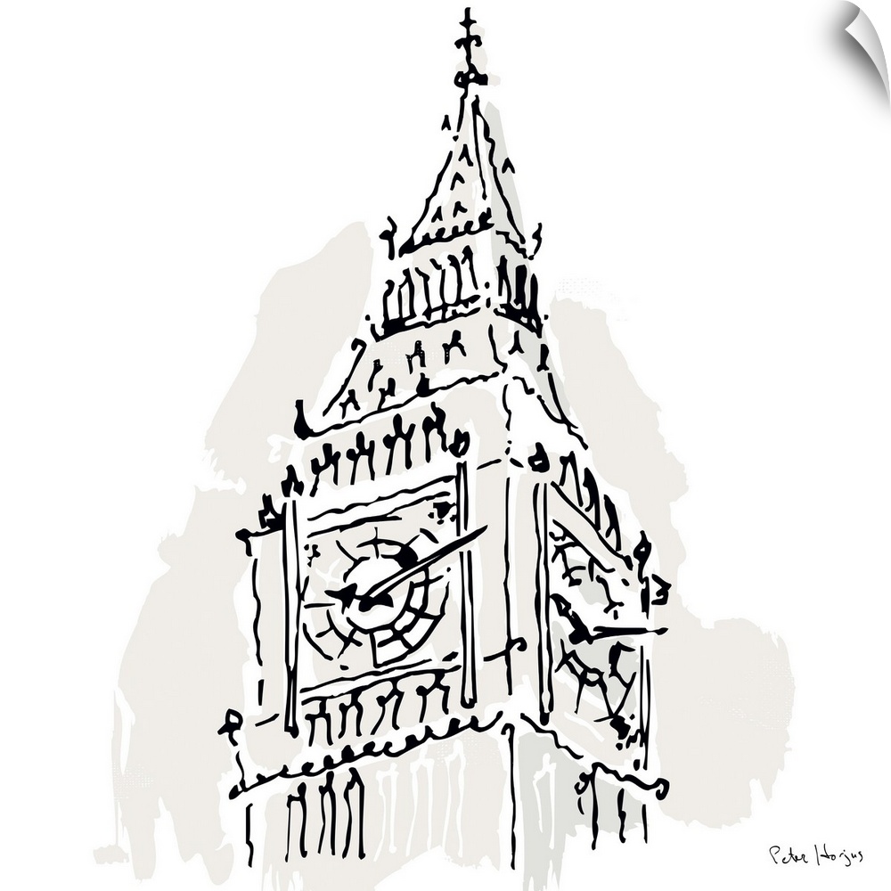 A simple fine line pen and ink illustration wall art with light wash on a white background of the Big Ben, London.