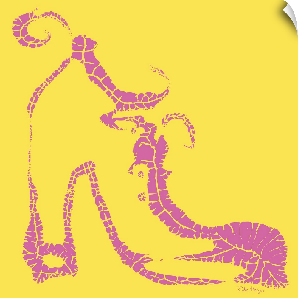 A bold graphic of a simple pink fashionable shoe on a yellow background.
