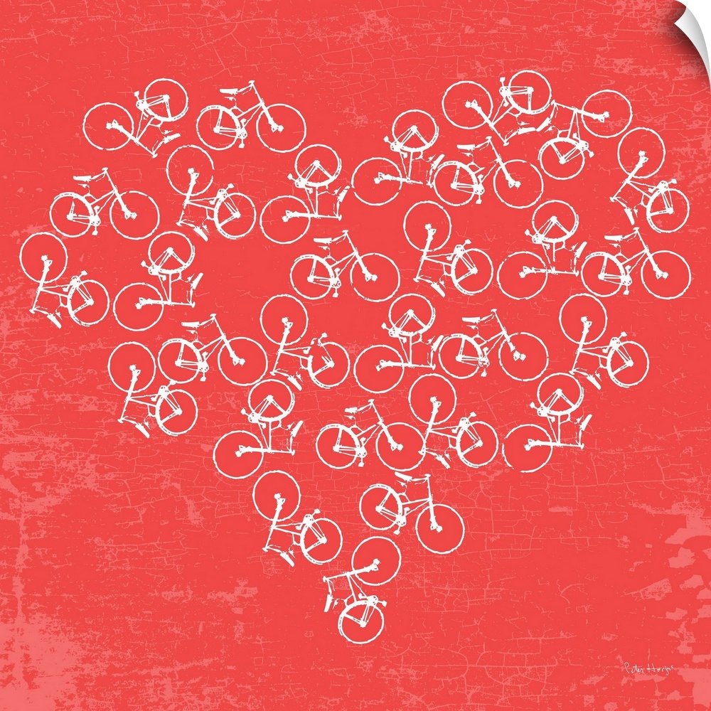 Many illustrated white bikes arranged in the shape of a heart on a red background.