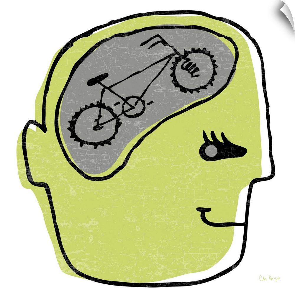 Line drawing of a persons head with a bike inside of his brain called bike on the Brain.