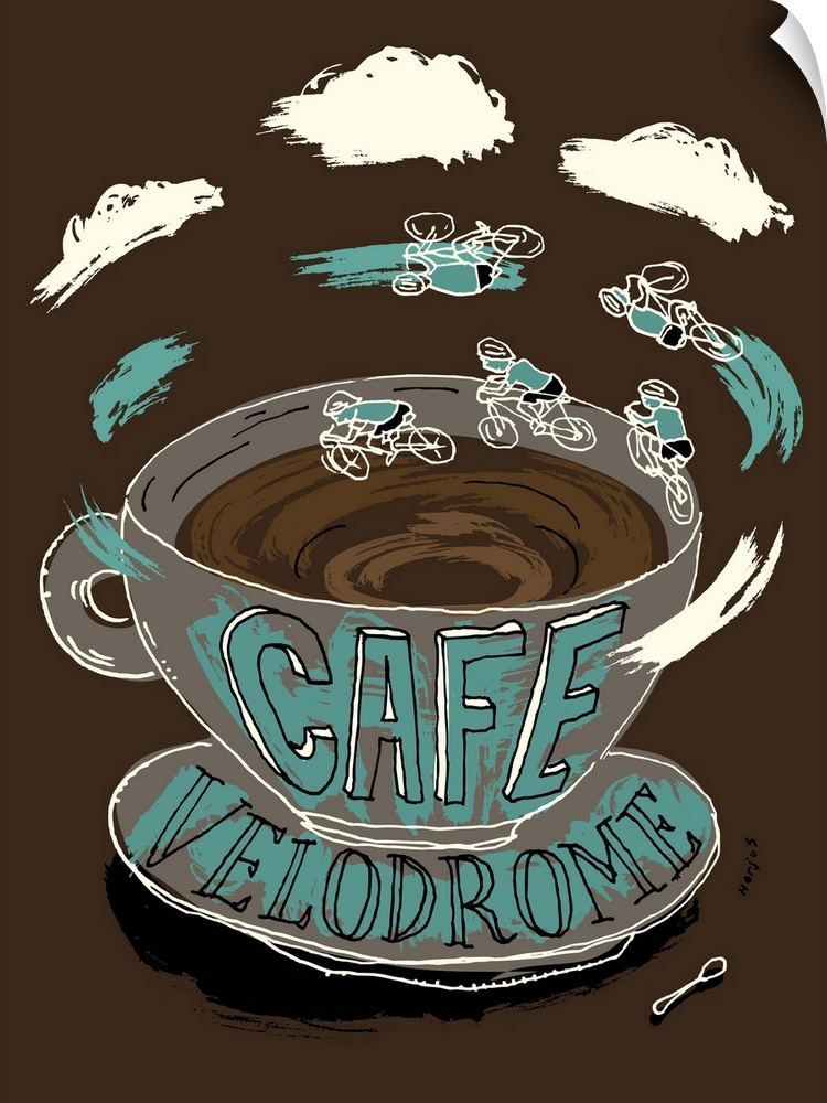 A few cyclists on bikes riding on the inside of coffee cup called Cafe Velodrome.