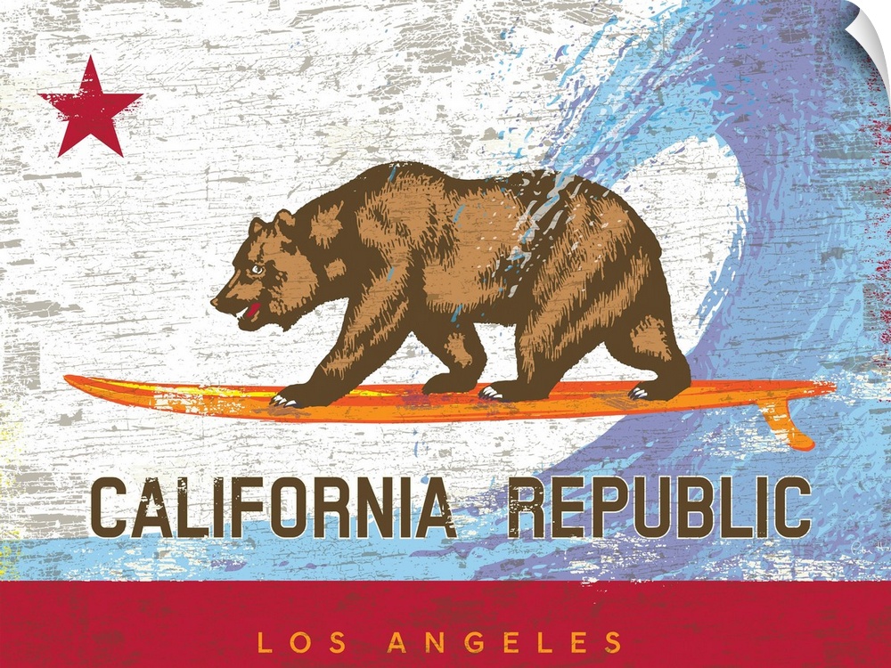 Wall art of the California state bear flag with the bear surfing on a surfboard with wave behind and city name of Los Ange...