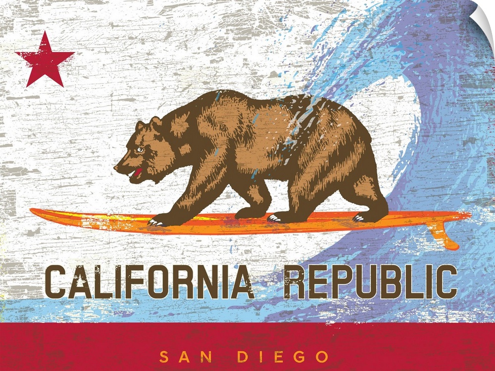 Wall art of the California state bear flag with the bear surfing on a surfboard with wave behind and city name of San Dieg...