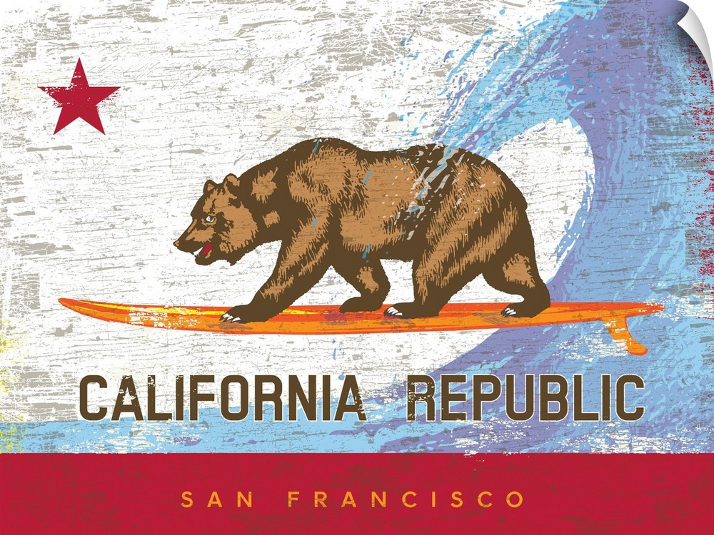 Wall art of the California state bear flag with the bear surfing on a surfboard with wave behind and city name of San Fran...