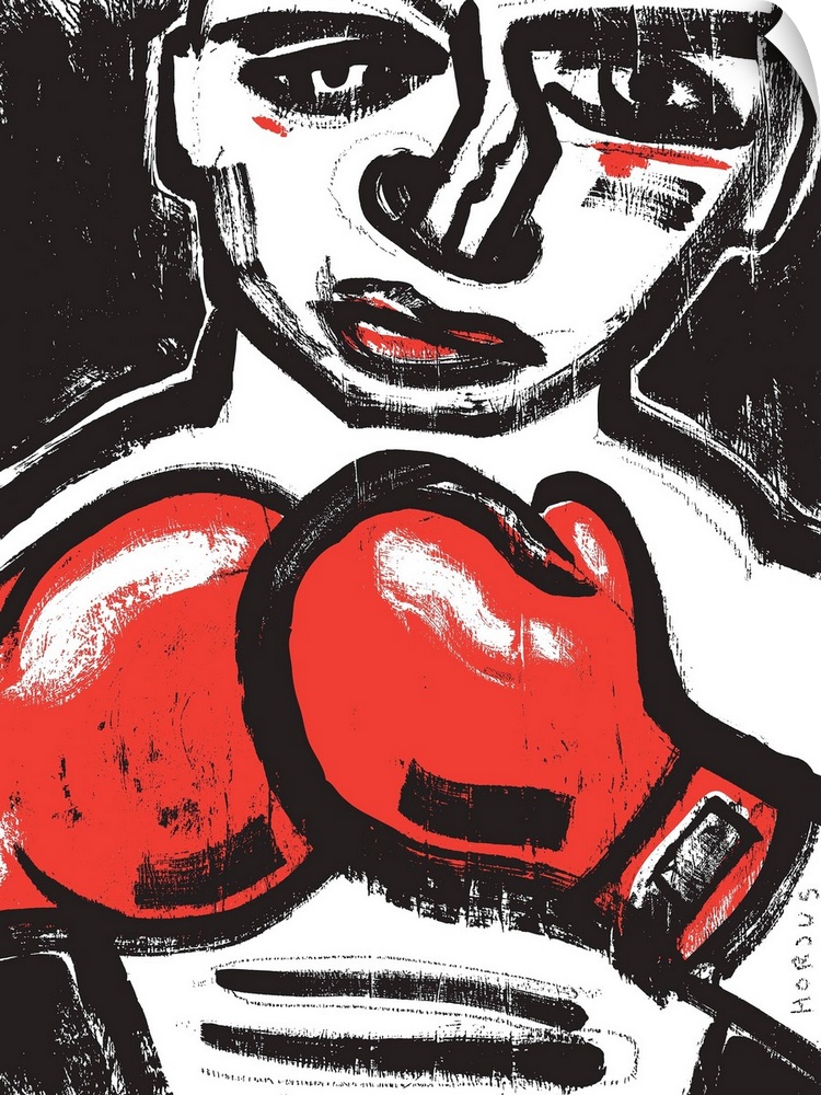 Black and white painting of a fighting boxer with red boxing gloves.