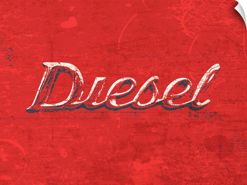 Graphic rusty wall art of distressed typography with the the word DIESEL large and in center on a red background.