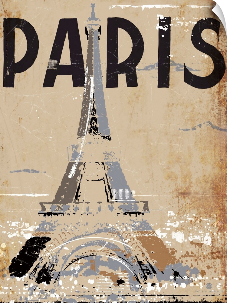 The Eiffel Tower with the hustle and bustle of the city against a tan background with the word Paris written at top.