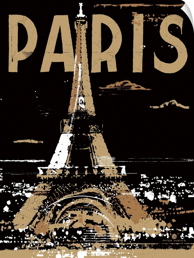 The Eiffel Tower at night, shining bright with the city aglow on black background with the word Paris written at top.