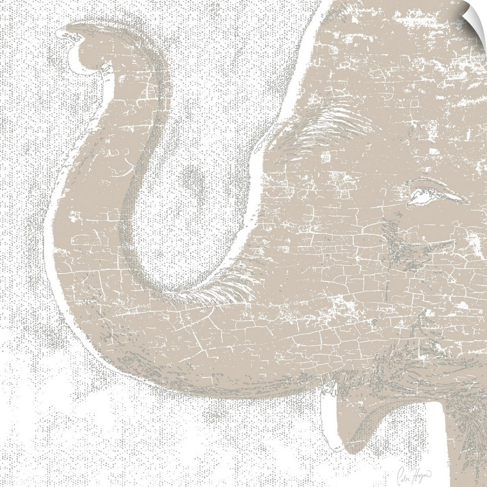 Elephant head and curled trunk drawn in a contemporary pencil modern style.